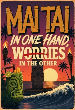 Vintage tiki bar cocktail poster with mai tai drink, palm trees, and ocean sunset evoking tropical relaxation portrait format