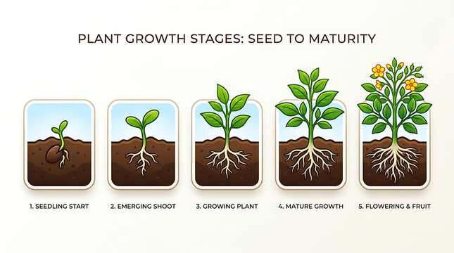 Plant Growth Stages from Seed to Maturity in Soil Progression Illustration