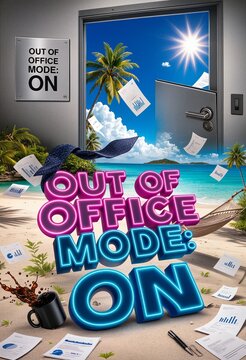 Door opening to tropical beach paradise with floating papers and neon text saying out of office mode on. Summer vacation and holiday concept for work life balance. portrait format