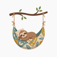 Fototapeta premium A cute sloth sleeping soundly in a hammock suspended from a tree branch. The sloth is brown and is resting on a pillow, covered by a colorful blanket with leaf patterns