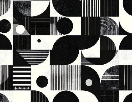 Seamless black and white brutalist shapes pattern 