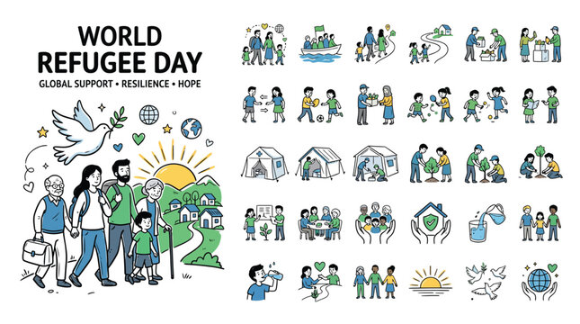 World Refugee Day icons, global support symbols, refugee awareness illustrations, vector set