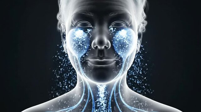 Transparent Face Silhouette Illustrating Facial Puffiness And Lymphatic Flow With Glowing Blue Particles Against Dark Background