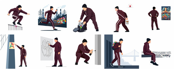 Collection of Graffiti Artist Characters in Various Urban Scenarios and Street Art Activities © Johhn