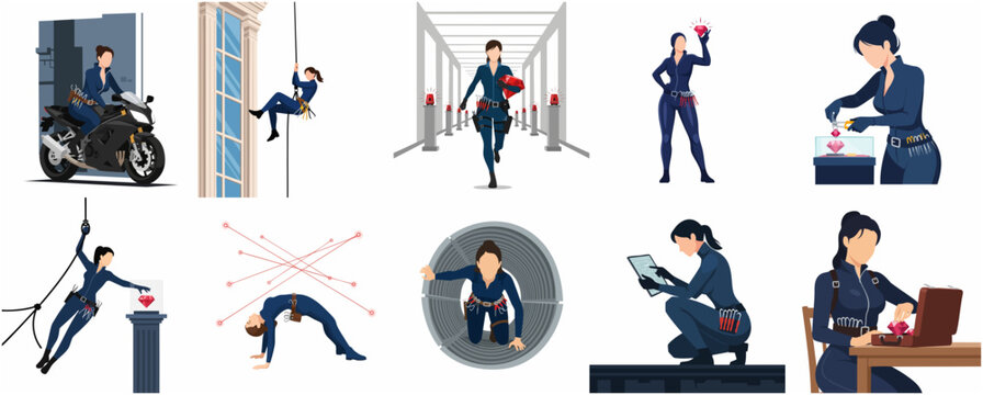 Female Master Thief and Spy Character Set Performing Heist Actions Flat Vector Illustration