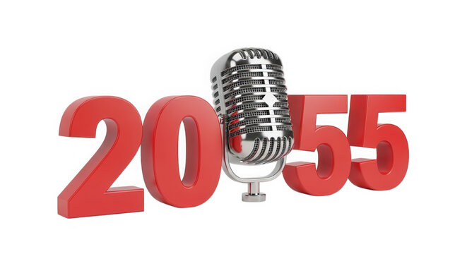 Red 2055 text with vintage microphone icon design isolated on transparent background