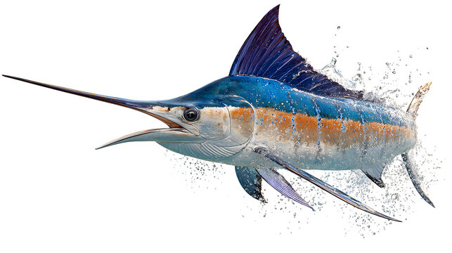 Blue marlin fish jumping with water splash isolated on transparent background