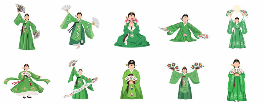 Korean Traditional Fan Dance Buchaechum Illustration Set with Women in Green Hanbok Dress