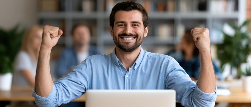 Happy businessman celebrating success at desk, professional achievement concept, modern office lifestyle, motivation and leadership.