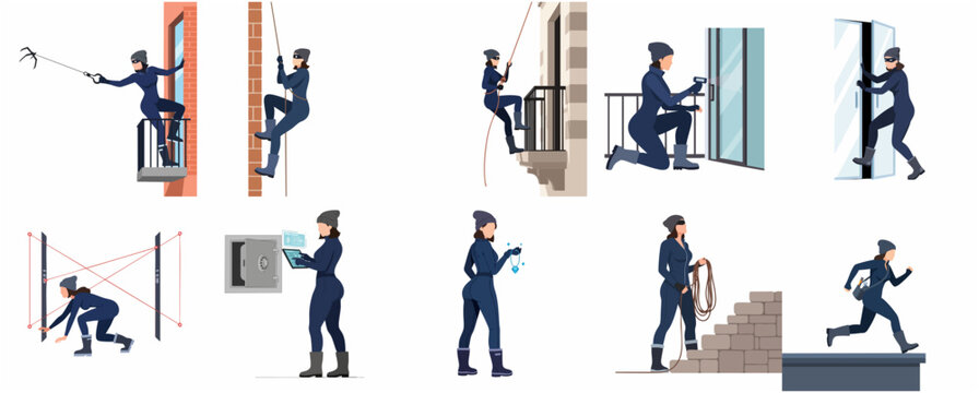 Set of professional female thief characters performing heist actions including climbing, hacking, and escaping
