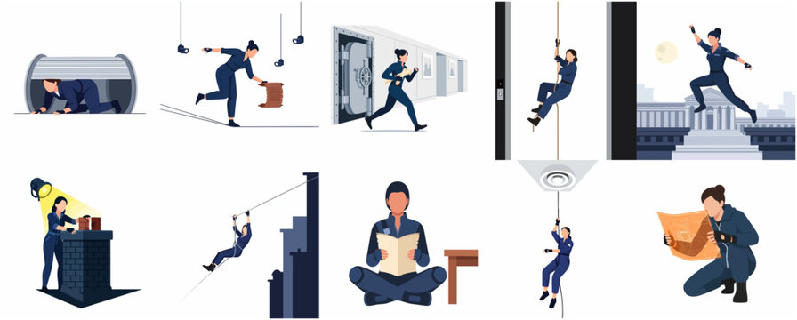 Female spy or cat burglar character in various heist action poses, flat vector illustration set