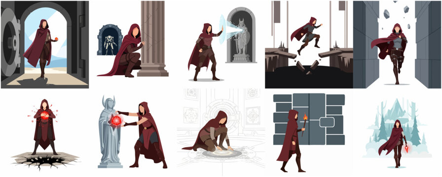 Collection of Fantasy Female Rogue Illustrations in Hooded Cloak Exploring Dungeons and Using Magic for RPG Adventure Games
