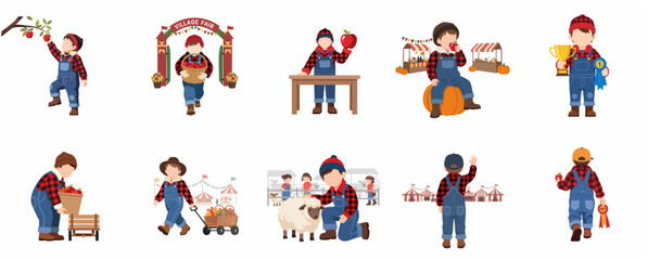 Fototapeta premium Set of vector illustrations featuring a young boy at a village fair, picking apples, petting farm animals, and celebrating autumn harvest activities in flat design style.