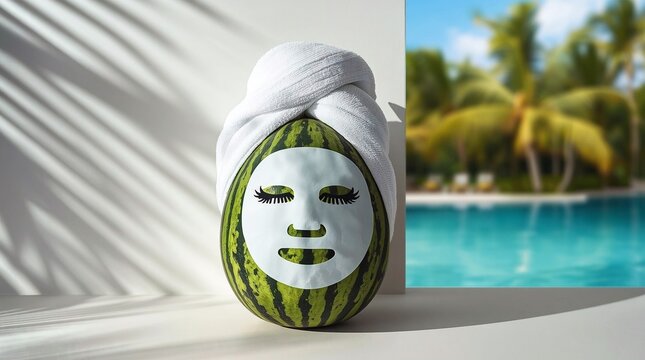 Watermelon wearing a towel turban and white sheet face mask beside a tropical resort pool with palm trees