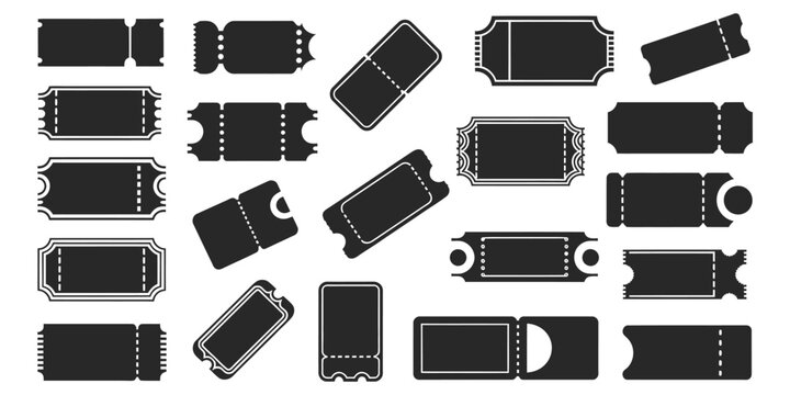 Black And White Silhouette Vector Icons Representing Different Styles Of Admission Stubs Raffle Passes Event Entry For Cinema Theater Concert And Festival Pass