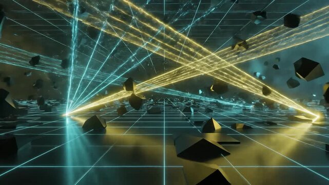 Dynamic abstract digital environment with glowing grid lines, energetic light beams, and floating geometric shapes.