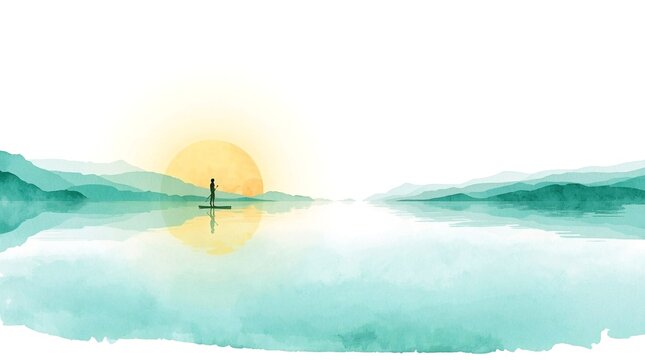 Minimal watercolor landscape of a lone paddleboarder on a calm mountain lake at sunrise with soft reflections and misty horizons