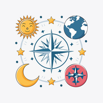 Celestial Navigation and Compass Rose Illustration