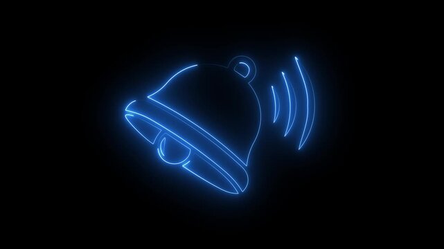 Blue neon notification bell icon sign with glowing sound waves isolated on black background.