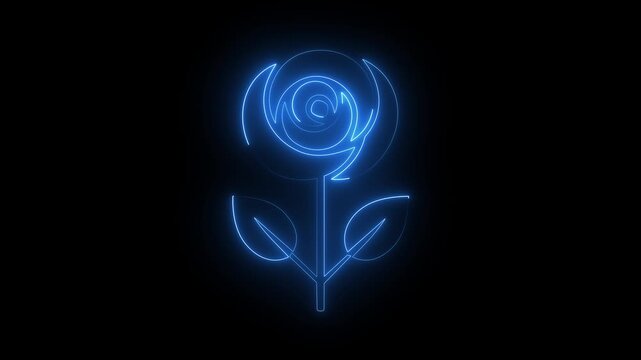 Blue neon rose flower icon sign with glowing stem and leaves isolated on black background.