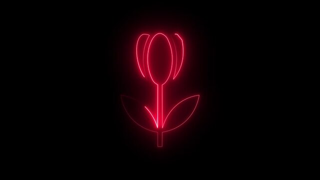 Red neon tulip flower icon sign with glowing stem and leaves isolated on black background.