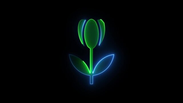 Blue and green neon tulip flower icon sign with glowing stem and leaves isolated on black background.