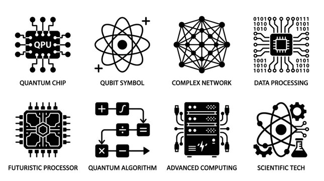 Quantum computing technology icons set vector illustration, futuristic processor, qubit symbol, complex network, data processing, algorithm, advanced computing, and scientific tech designs for innovat