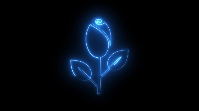 Blue neon rosebud flower icon sign with glowing stem and leaves isolated on black background.