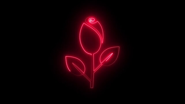 Red neon rosebud flower icon sign with glowing stem and leaves isolated on black background.