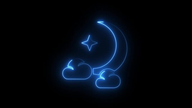Blue neon crescent moon with clouds and star icon sign glowing night weather on black background.