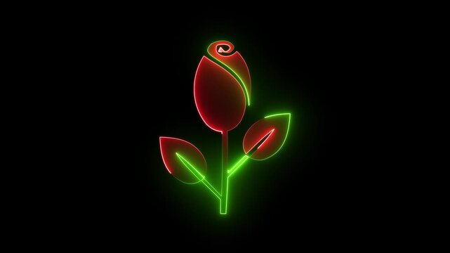 Red and green neon rosebud flower icon sign with glowing stem and leaves isolated on black background.