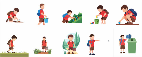 Fototapeta premium Boy collecting litter and cleaning environment character set illustration