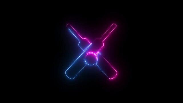 Pink and blue neon crossed cricket bats icon sign with glowing ball equipment on black background.