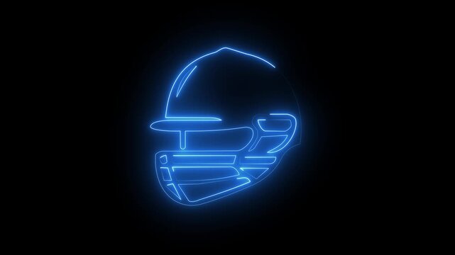 Blue neon cricket helmet icon sign with glowing protective face guard on black background.