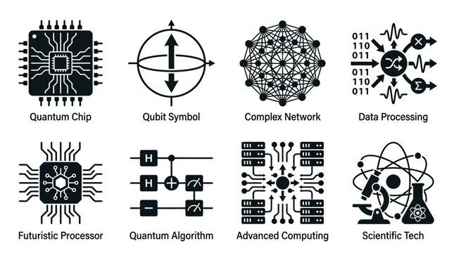 Quantum computing technology icons set vector illustration, futuristic processor, qubit symbol, complex network, data processing, algorithm, advanced computing, and scientific tech designs for innovat