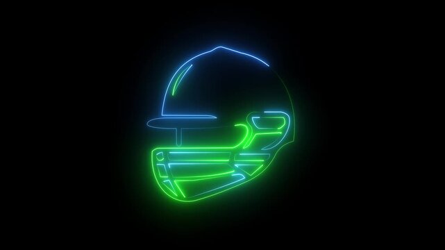 Green and blue neon cricket helmet icon sign with glowing protective face guard on black background