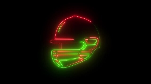 Pink and blue neon cricket helmet icon sign with glowing protective face guard on black background.