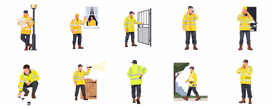 Set of security guard characters in high-visibility jackets performing patrol and investigation duties in flat vector style.