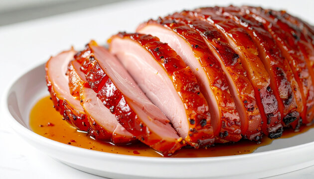 Sliced glazed ham with caramelized crust, white serving platter. AI