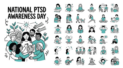 Fototapeta premium PTSD Awareness Day, National PTSD icons, Teal Ribbon Symbols, Mental Health Illustrations, Vector Graphics