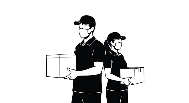 Two delivery workers carrying cardboard boxes black and white silhouette courier carriers