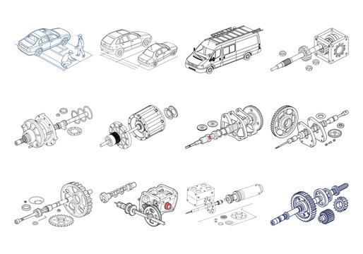 Isometric technical of vehicles and mechanical gear components