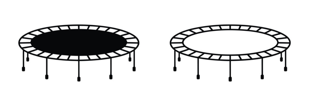 Simple round trampoline illustration set, black and white vector collection featuring recreational jumping equipment for playground, fitness, sports, and outdoor activity concepts