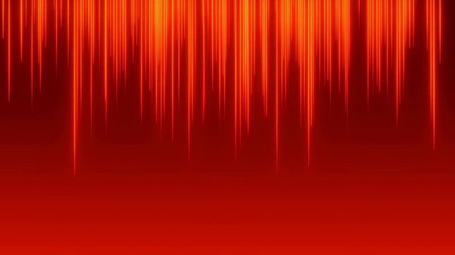 Slow motion static shot of glowing vertical light streaks descending and pulsating over red gradient background in studio abstract digital design