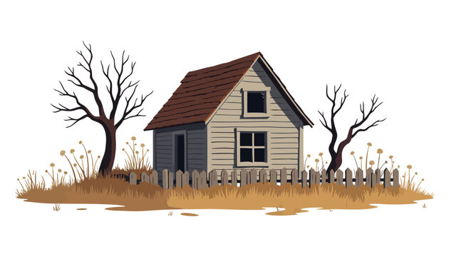 Weathered Abandoned Rural Farmhouse Scene Flat Vector Landscape Illustration