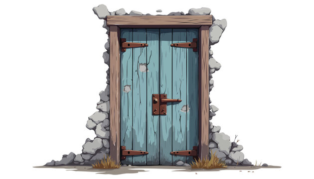 Weathered Abandoned Old Wooden Door Peeling Paint Rusty Hinges Flat Vector