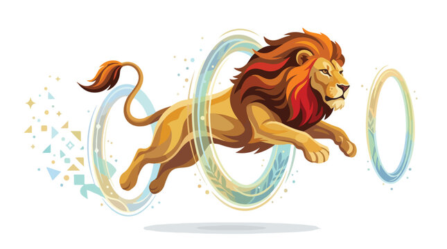 Dynamic illustration of a majestic lion jumping through glowing hoops with a vibrant mane and energetic motion
