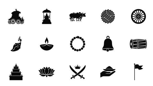 Set of hindu cultural icons depicting various traditional elements for festival graphic.