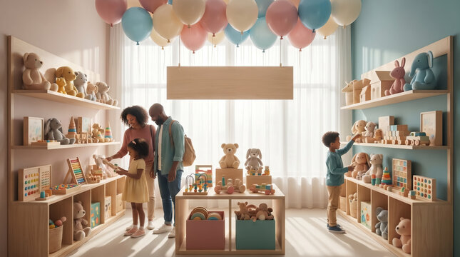Blank wooden banner mockup hanging in a vibrant children toy store