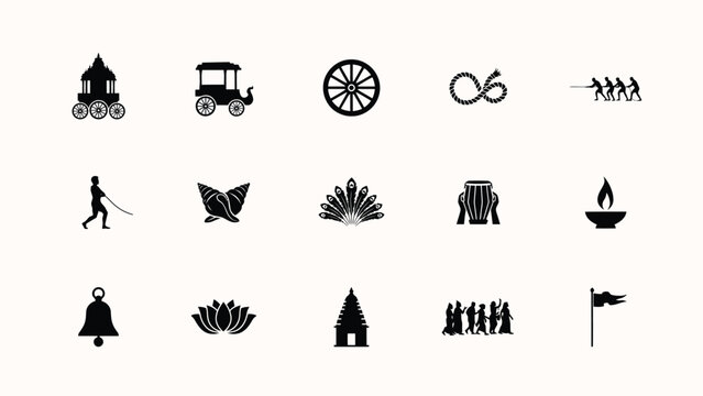 Indian festival celebration icons featuring ratha yatra elements and cultural silhouettes.